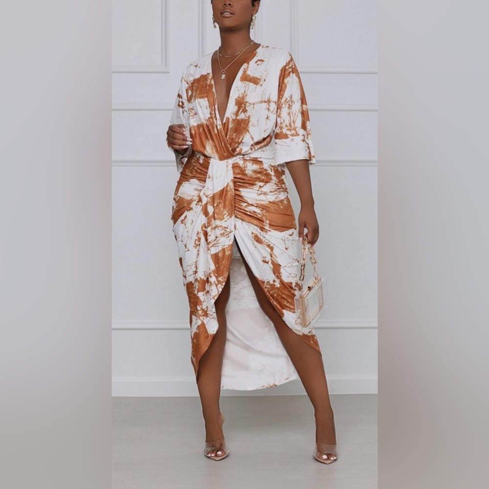 White and Brown Tie-Dye Wrap Dress